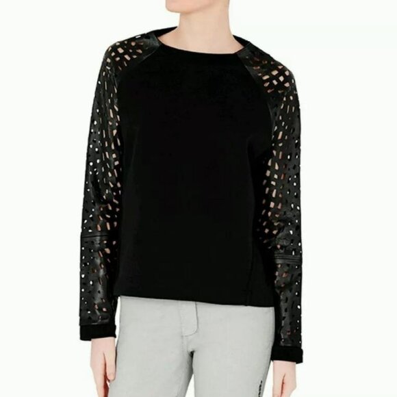 Sass & Bide Perforated Leather Sleeves Top Black Size XXS - Picture 2 of 8